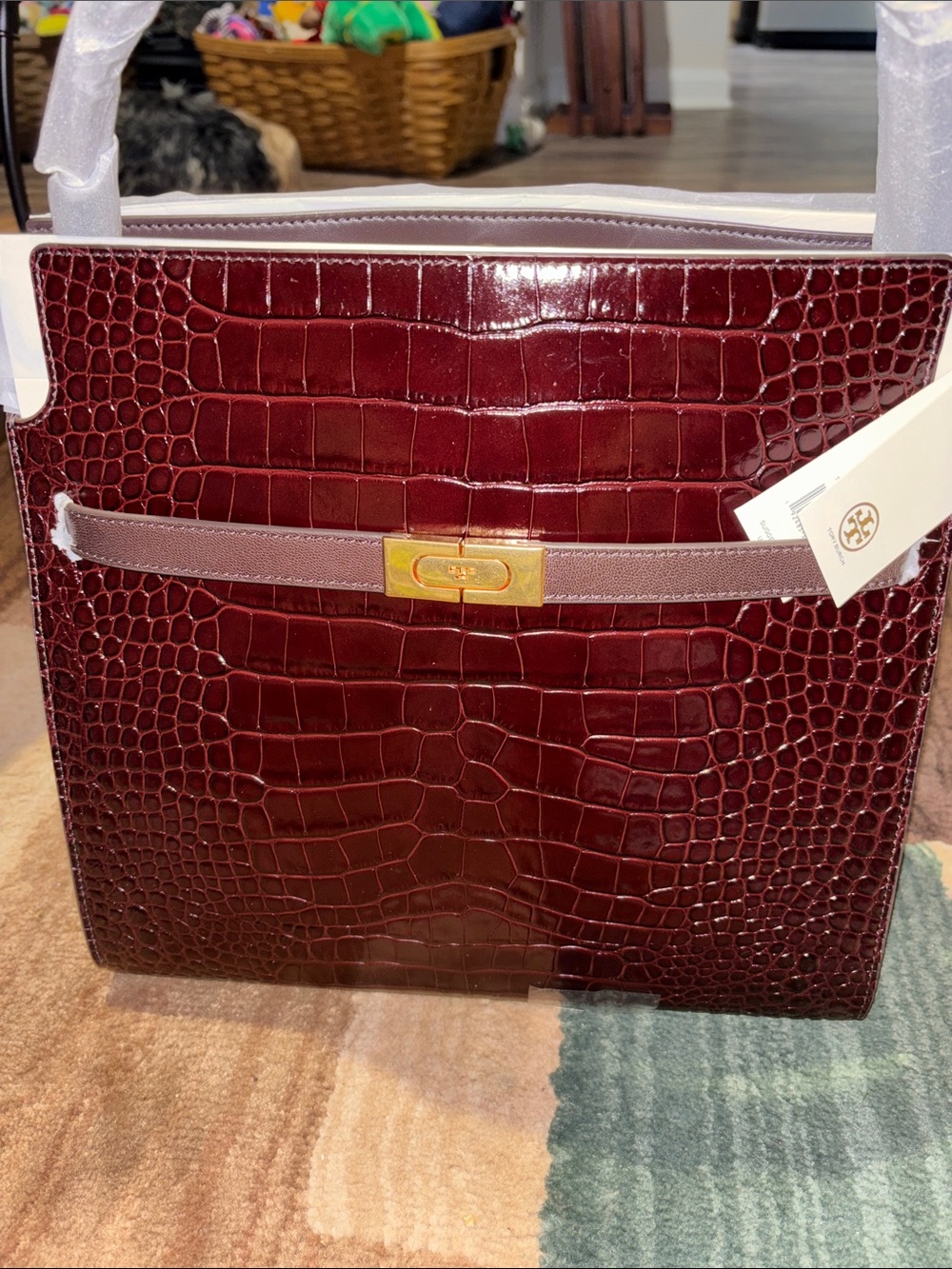 Tory Burch Lee Radzwill Croc-Embossed Leather Tote in Deep Burgundy